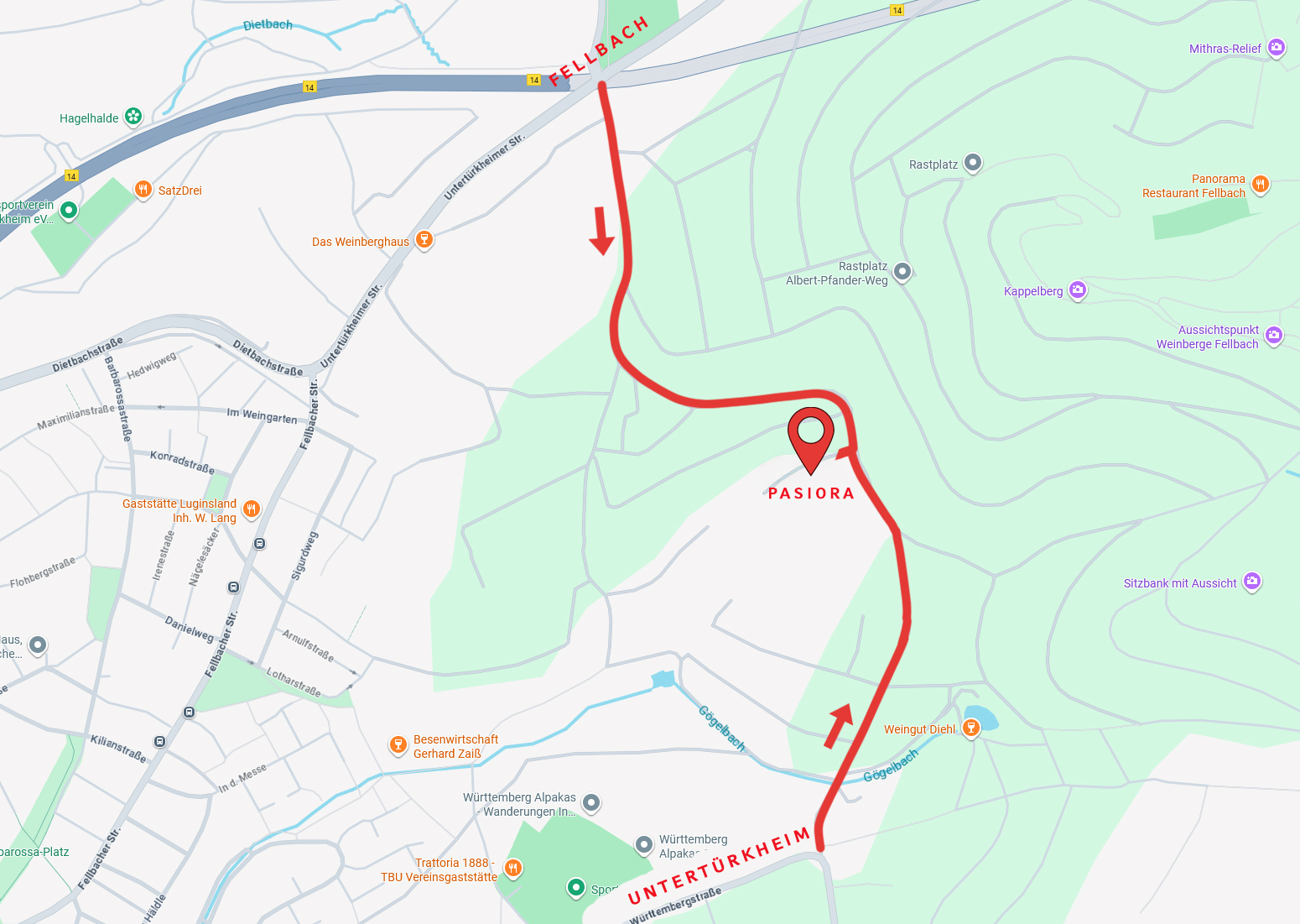 Karte mit markiertem Anfahrtsweg zu Pasiora